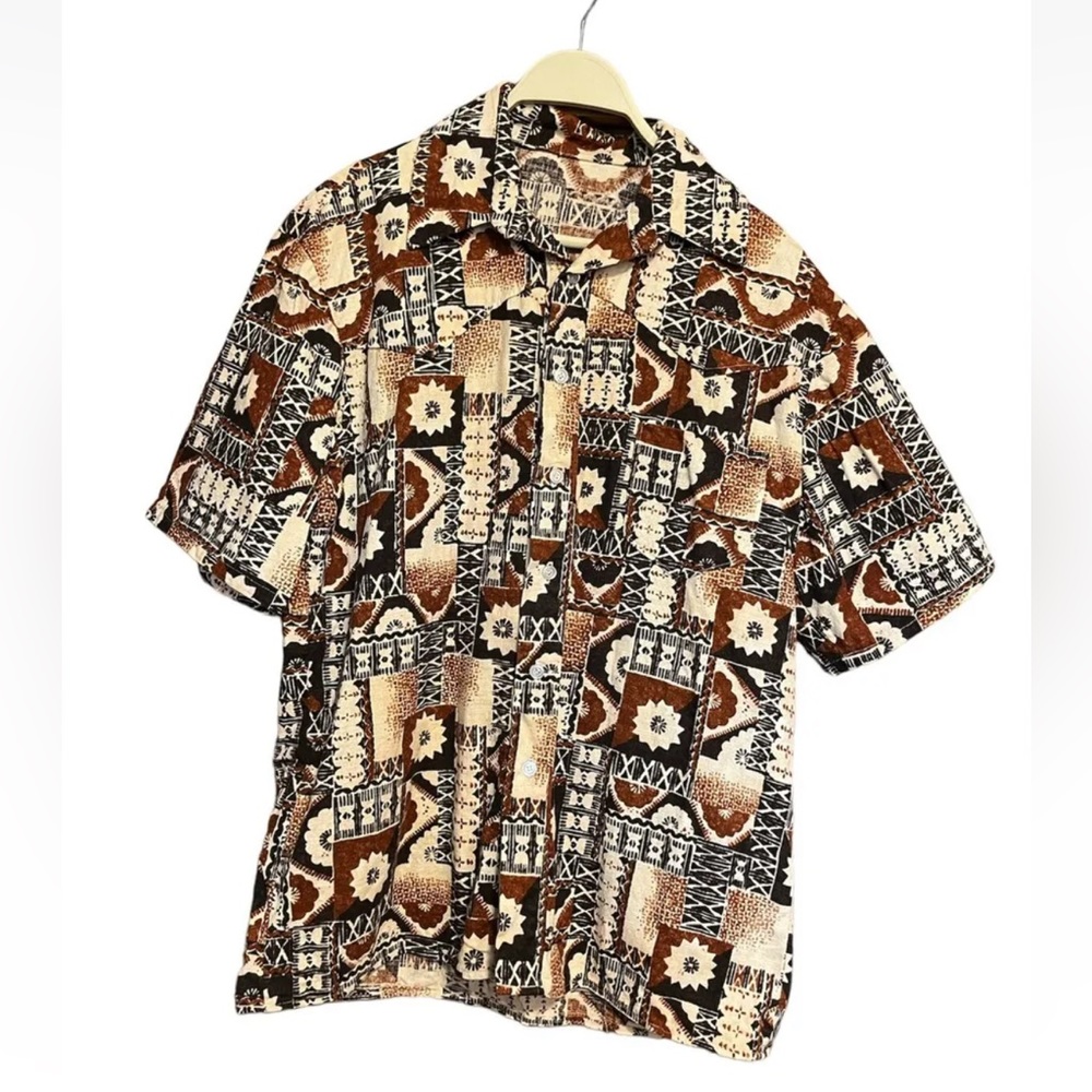 Vintage Handmade 60s 70s Barkcloth Hawaiian Mens Shirt Brown